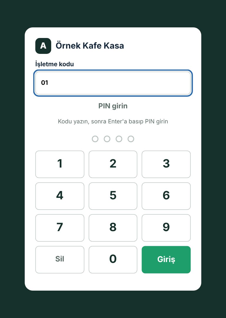 Kasa giriş ekranı: işletme kodu ve PIN tuş takımı