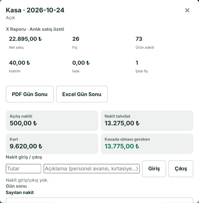 X / Gün Sonu penceresi: anlık X raporu, nakit özeti, nakit giriş/çıkış