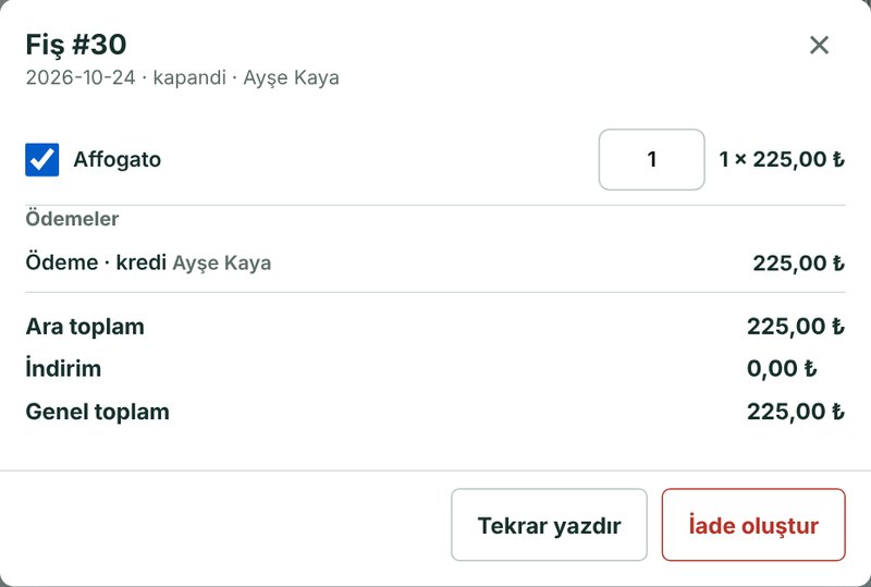 Fiş detayı: iade edilecek ürünler işaretlenir