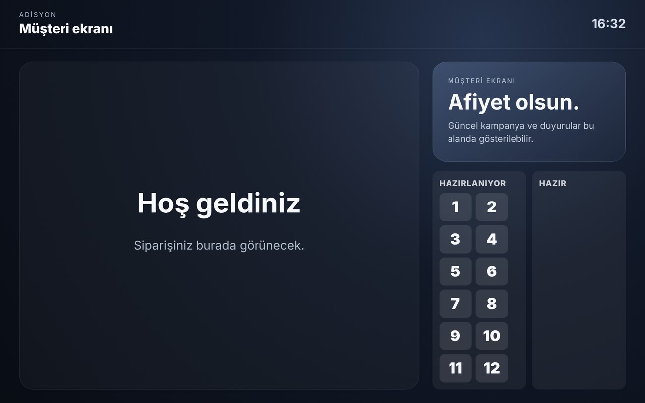 Müşteri ekranı: karşılama, hazırlanan ve hazır siparişler