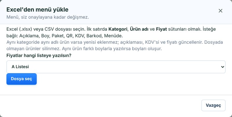 Excel’den menü yükle